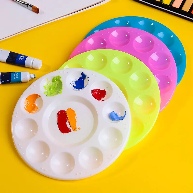 

4 Colors of Colorful Plastic Paint Palettes 10 Wells Round Pallet Washable Painting Tray for Party DIY Craft and Art Painting