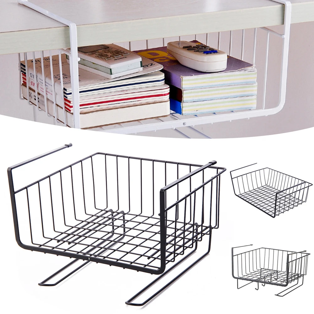 

Metal Hanging Basket Under-Cabinet Wire Basket Small Item Organiser for Home Use Under Desk Shelf with Dual Mounted Hooks JS22