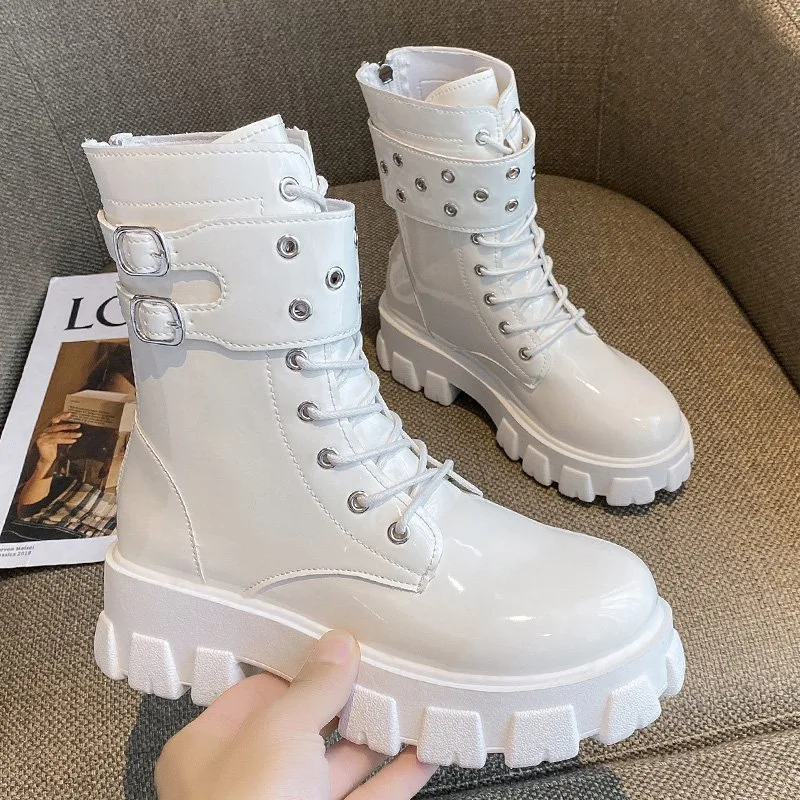 

Belt Buckle Women's New Lace Up Leather Mid Tube Knight Boots Thick Soled Thick Heeled Leather Boots bota de vaqueiro zapatos