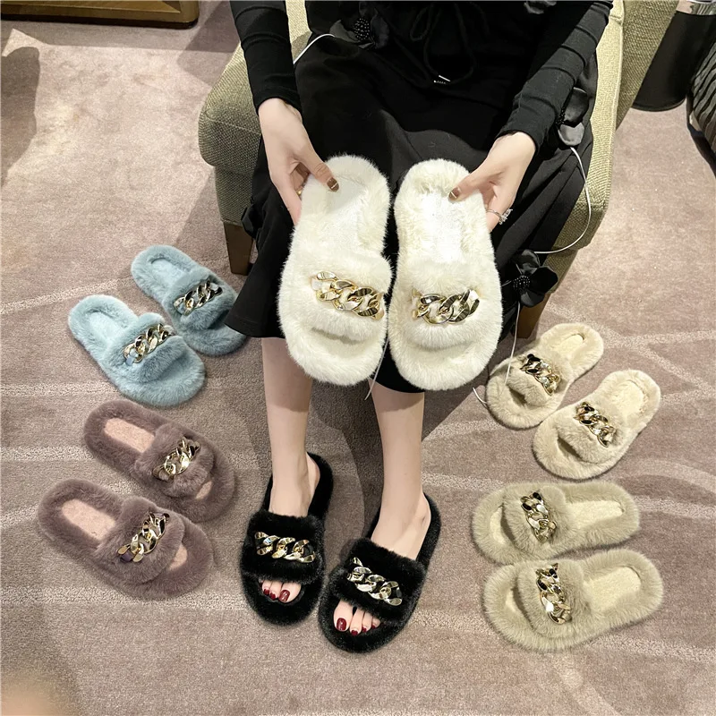 

New Autumn Winter Women's Indoor Slippers Chain Short Plush Slippers Indoor and Outdoor Flat Bottom Warm One Word Slippers