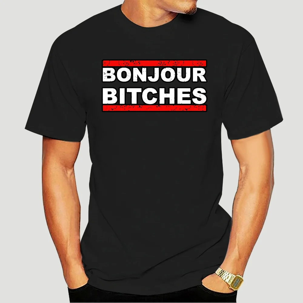

Молодежные футболки с круглым вырезом под заказ, Мужская футболка с надписью «Bonjour Bitches», подарок на день рождения, саркастическая нестандар...