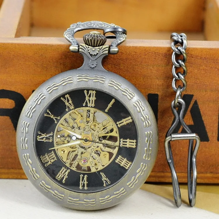 Luxury Mechanical Sliver Pocket Watch for Men Women Hollow Skeleton Dial Roman Dial Fob Chain Pendant Clock for Collection Gift