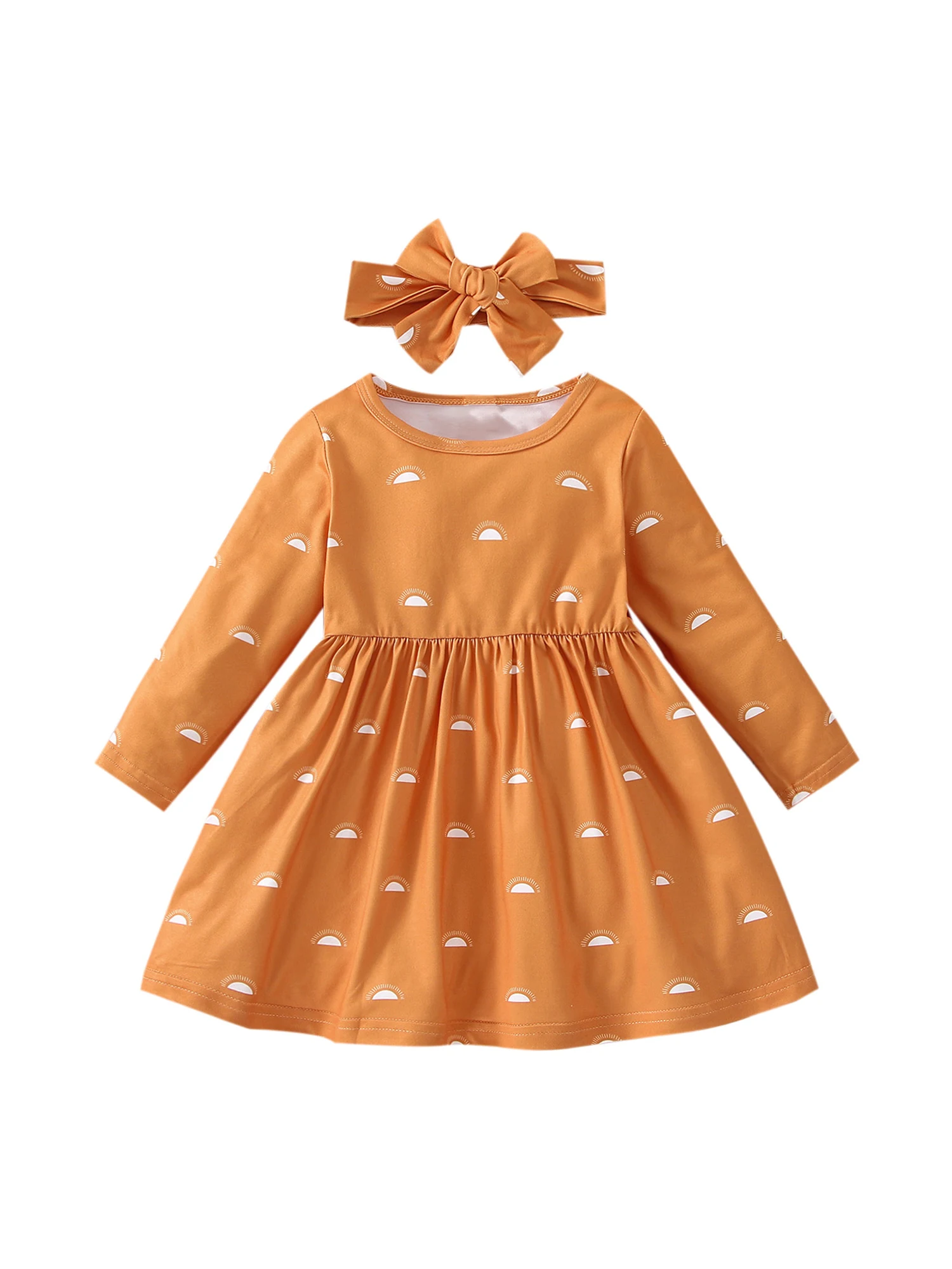 

Kids Baby Girls Sun Printed Casual Dress Long Sleeve A-line Holiday Dress with Headband Autumn Outfits