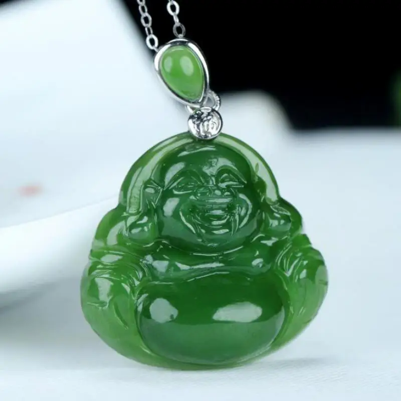 

Green Jade Buddha Pendant 925 Sterling Silver Necklace Women Genuine Hetian Jades Nephrite Maitreya Buddha Fengshui Charm Amulet