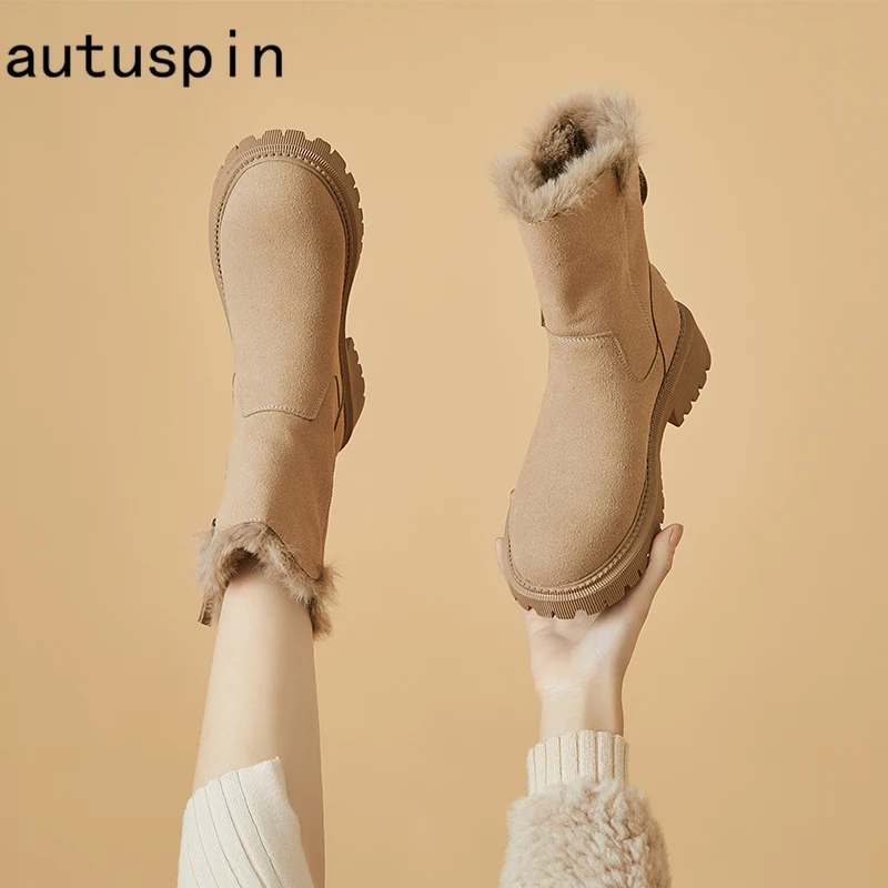 

Autuspin New Mid-calf Boots for Women 2022 Spring Winter Casual Chunky Heels Snow Boot Shoes Woman Fashion Warm Booties Ladies