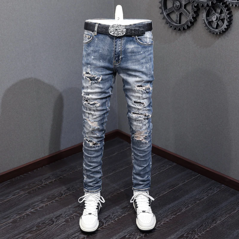 Street Fashion Men Jeans Retro Blue Stretch Painted Skinny Ripped Jeans Men Beading Patched Designer Hip Hop Brand Pants Hombre