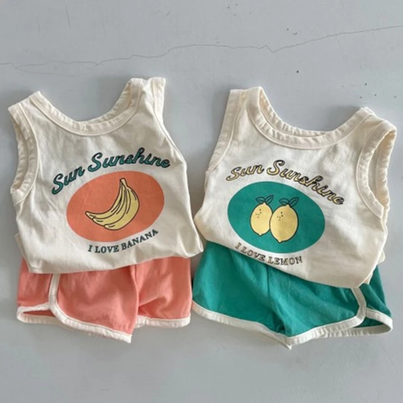 

Летние хлопковые комплекты для малышей, Спортивная футболка с принтом фруктов для мальчиков и девочек + шорты, комплекты одежды для малышей, одежда для маленьких мальчиков, Детские наряды, 2023