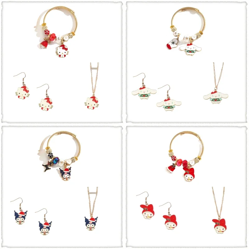 

3pcs Set Christmas Sanrio Hello Kitty Anime Kulomi My Melody Cinnamoroll Necklace Bracelet Earrings Accessories Christmas Gifts