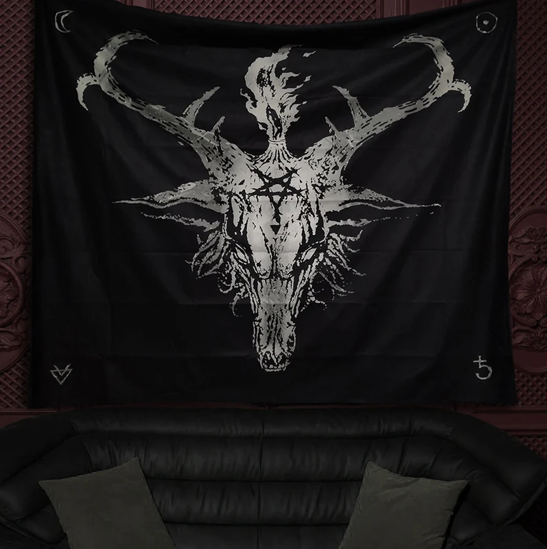 

Gothic dark satanic background cloth goat skull decorated original rock tattoo band hanging cloth