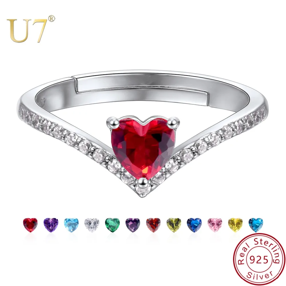 

U7 January Birthstone 925 Sterling Silver With Red Heart CZ Crystal Women Rings for Mom Birthday Anniversary Wedding Gifts New