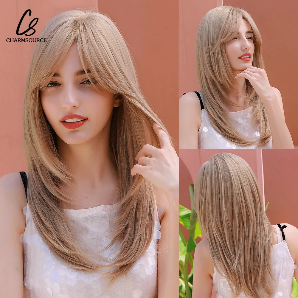 

CharmSource Blonde Wig with Bangs Medium Length Synthetic Wigs Natural Layered Hair For Women Party Cosplay Heat Resistant Fibre