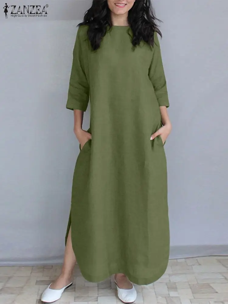 

Женское платье-макси с круглым вырезом, рукавом 3/4 и разрезом