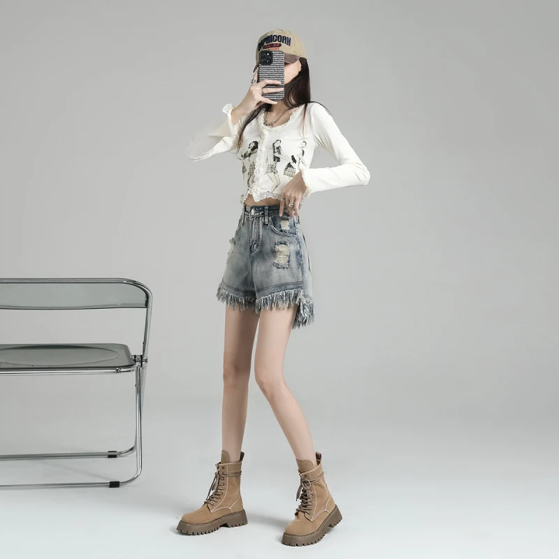 Fashion Hole Denim Shorts Women Summer High Waist a Word Type 2023 Loose Show Thin Fringe Hair Edge Wide Leg Pants Ins Tide