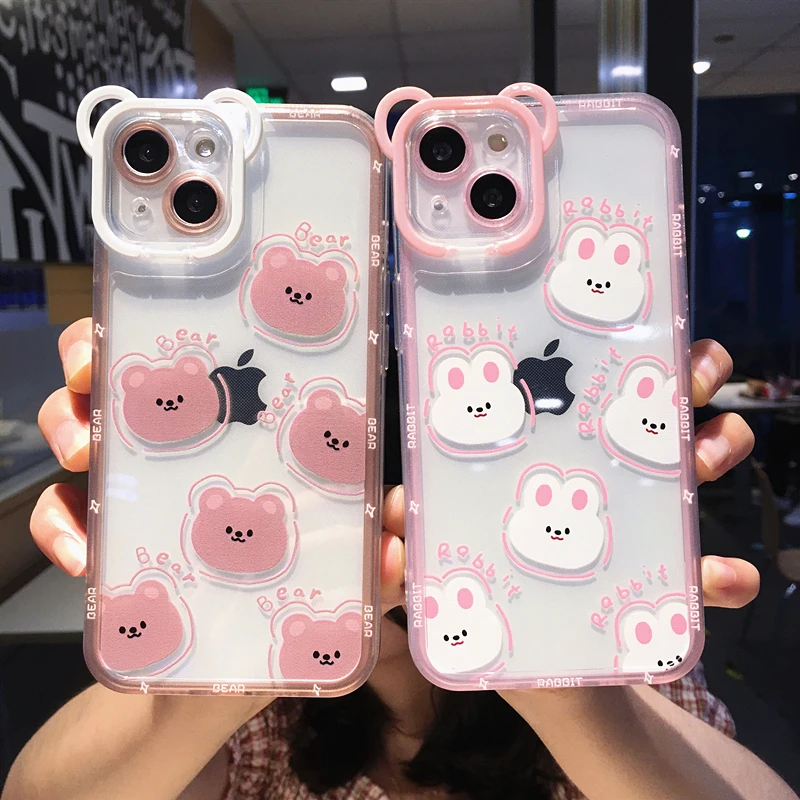 

Cute Cartoon Bear Rabbit Stand Holder Phone Case For iPhone 11 12 13 14 Pro Max XR X XS Plus Transparent Soft Shockproof Cover