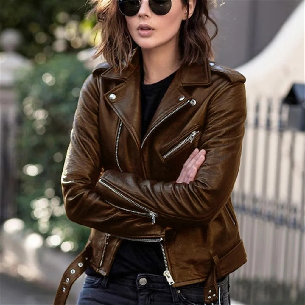 2022 New Zipper Fitted Coat Fall Short Jacket Women Leather Punk Jacket Long Sleeve Solid Lapel Women Jackets enlarge