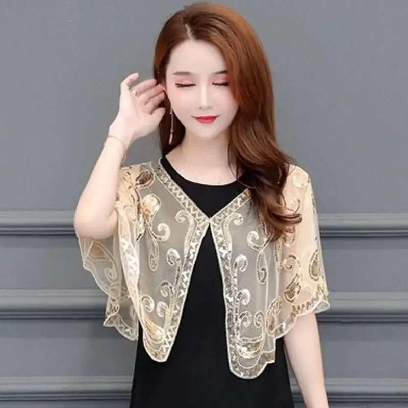 Шаль с цветочной вышивкой элегантный декор блестками накидка женский дышащий