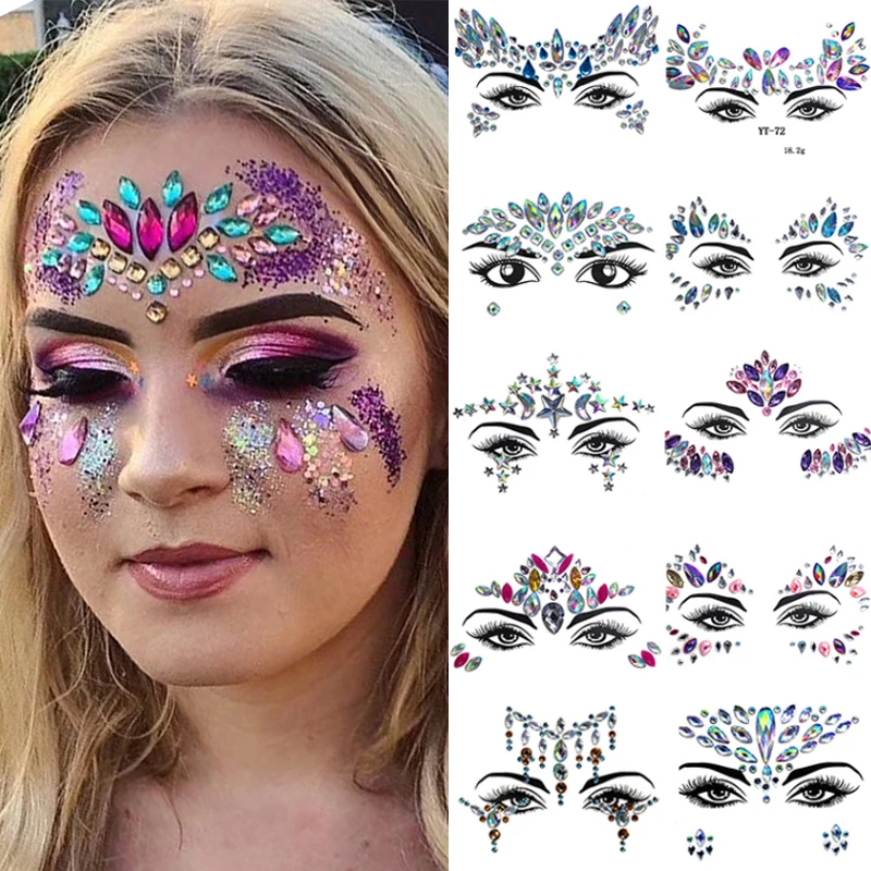 

3D Face Rhinestones Jewels Tattoo Body Party Stickers Crystal Drill Stickers for Women Festival DIY Makeup Face Eyebrow Stickers