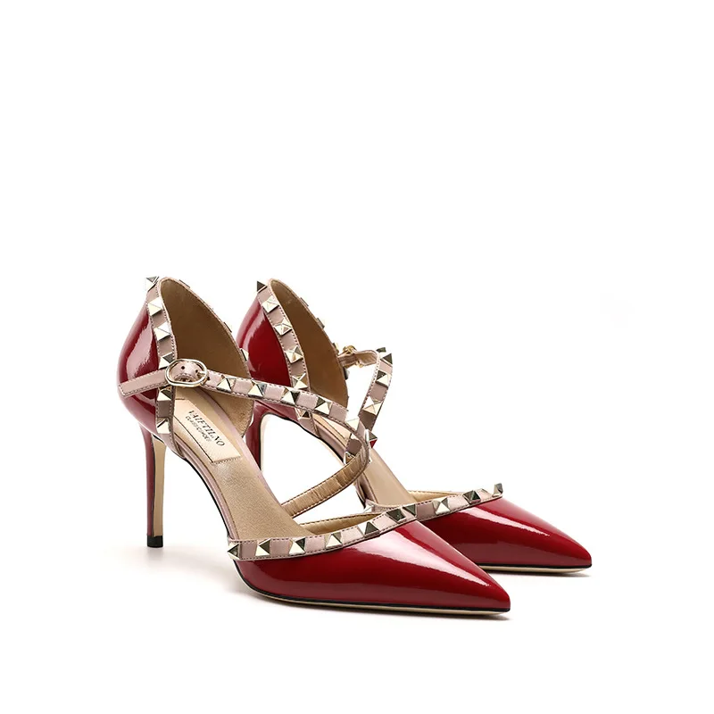 2023 New Patent Leather Summer Women's Stiletto Sandals Classic Brand Rivet High Heels Sexy Pointed Party Wedding Shoes 33-41
