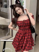 qweek goth kawaii cute mini dress women gothic plaid soft girl korean backless party short dresses red robe 2022 summer