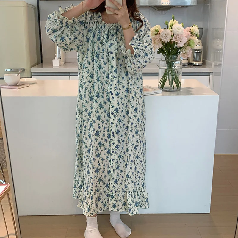 Soft Floral Home Ins Strapless Vintage Sweet Autumn Casual Elegant NightDress Women Loose Korean Long Sleeve Kawaii Printing