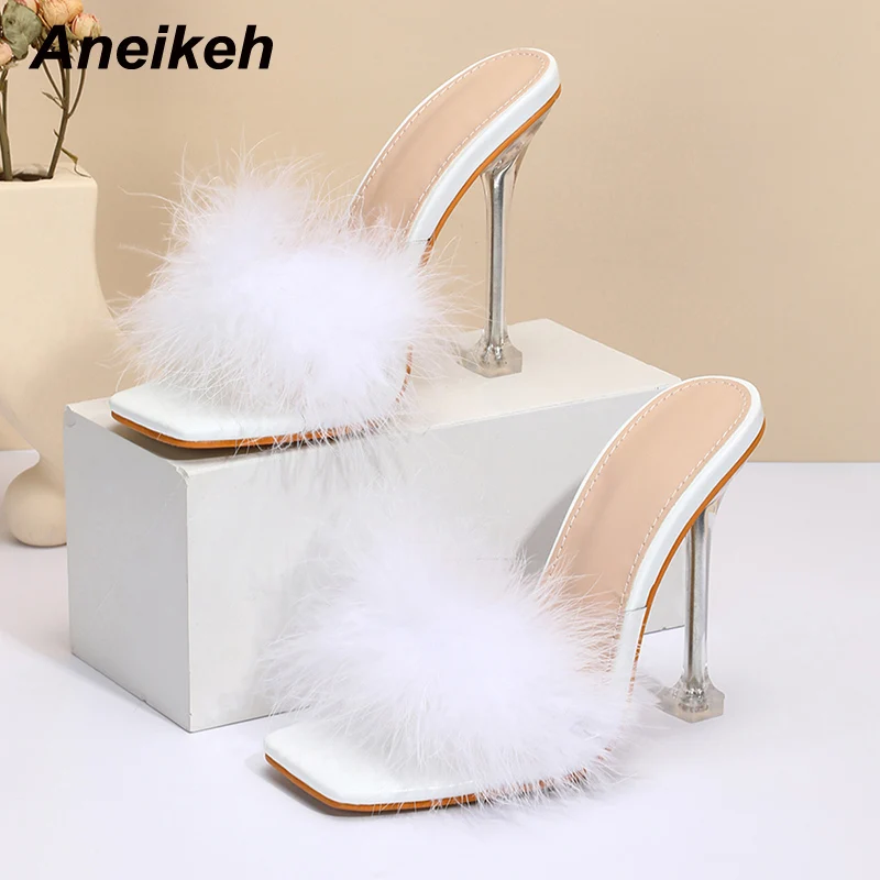 

Aneikeh Летняя женская обувь, сандалии из искусственной кожи, пикантные элегантные туфли-лодочки с перьями, сандалии с квадратным носком, новин...