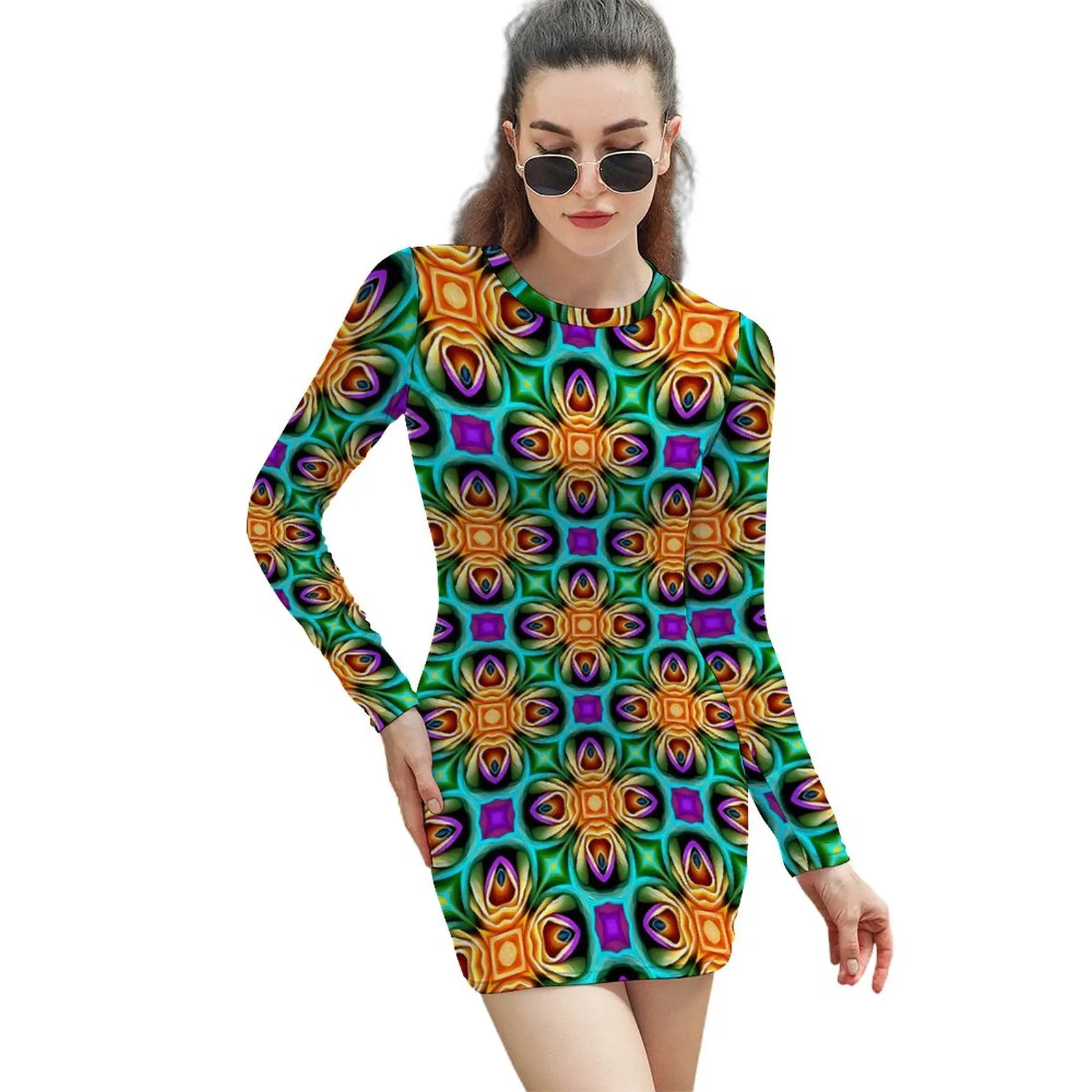 

Colorful Rose Bodycon Dress Womens Abstract Flower Trendy Dresses Holiday Long Sleeve Aesthetic Custom Dress Large Size