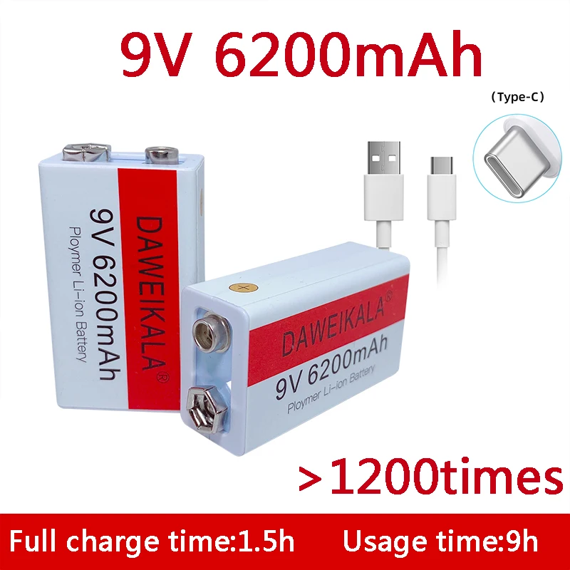 

New 9V Battery 6200mAh li-ion Rechargeable battery Micro USB Battery 9v lithium for Multimeter Microphone Toy USB charging cable