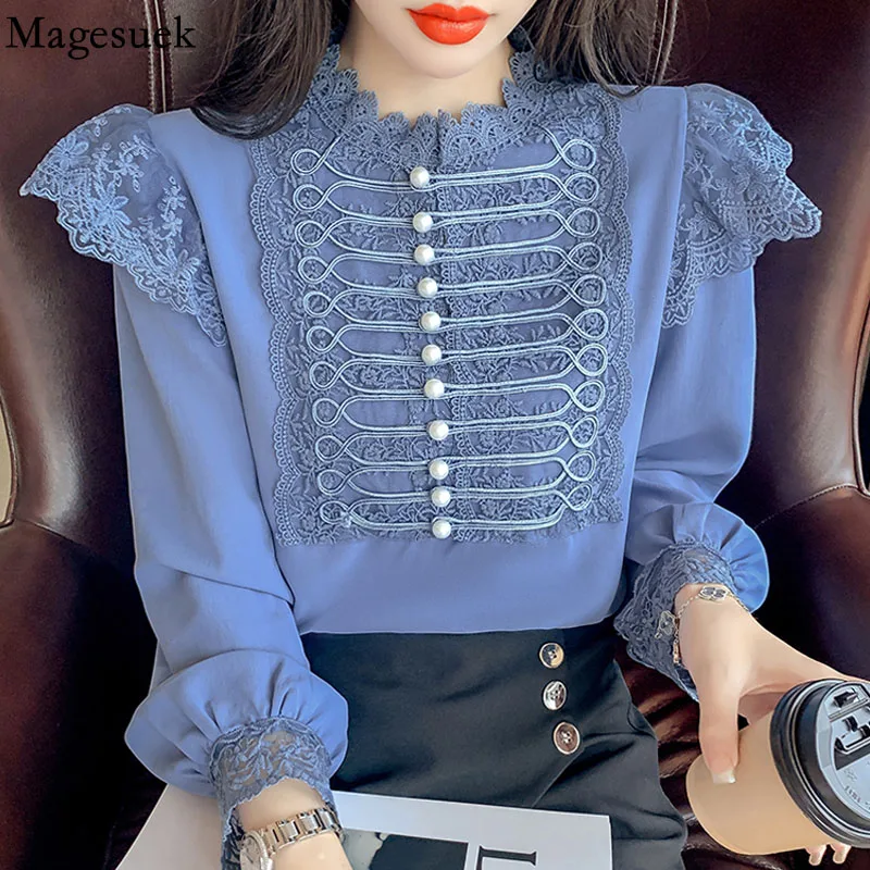 

Autumn Vintage Loose Chiffon Shirt Women Long Sleeve Beading Lace White Blouse Women Stand Collar Ruffles Office Lady Tops 16087