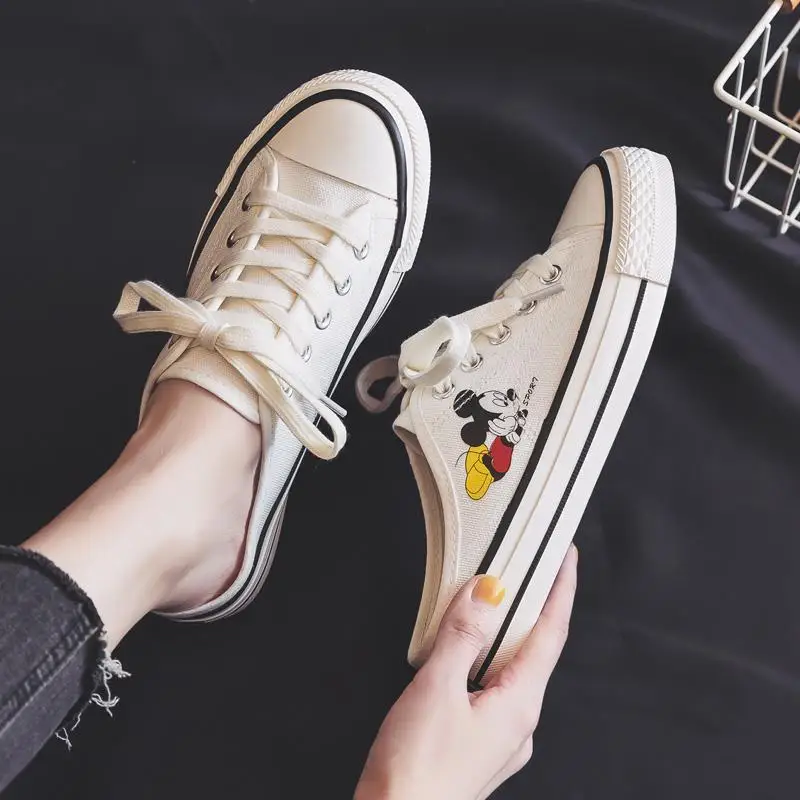 Disney 2022 New Small White Shoes Without Heels Half Slippers Canvas Shoes Women's Mickey Flat Bottomed Versatile Half Support