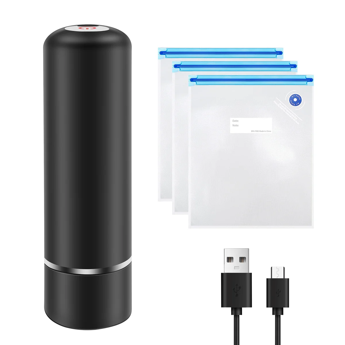 Food Vacuum Sealer Machine Set with 3 Bags USB Rechargeable Handheld Pump for Foodsaver (Black)