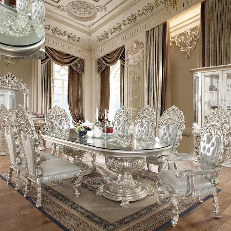 

Custom French court solid wood dining tables and chairs log carving art European luxury baroque restaurant furniture