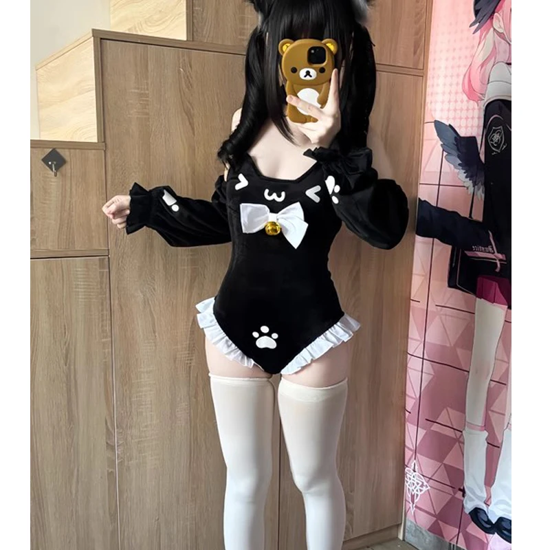 Фото Милое боди Neko для девочек с лямкой на шее и большим бантом на спине, женское облегающее боди без рукавов с рюшами в стиле пэчворк, кошка-горничная, косплей, униформа Sukumizu №3