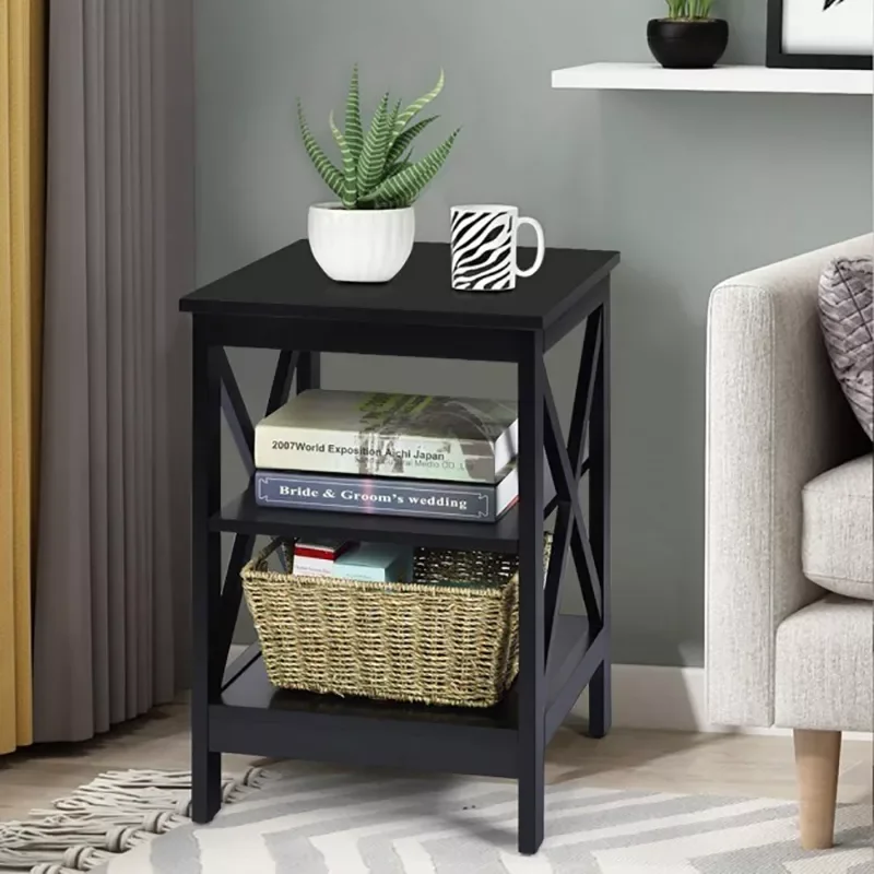 

Nightstand 3-Tier X-Design with Storage Shelves Sofa Side Table Bedroom Bedside Table Storage Cabinet