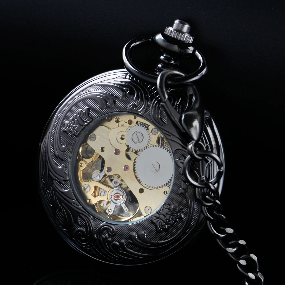 New Black Text Sculpture Mechanical Pocket Watch with Fob Chain Roman Digital Dial Fashion Pocket Watch Men's and Women's Gift