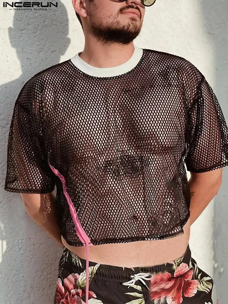 

Men T Shirt Mesh Patchwork Transparent 2022 O-neck Short Sleeve Streetwear Crop Tops Summer Sexy Casual Camisetas S-5XL INCERUN