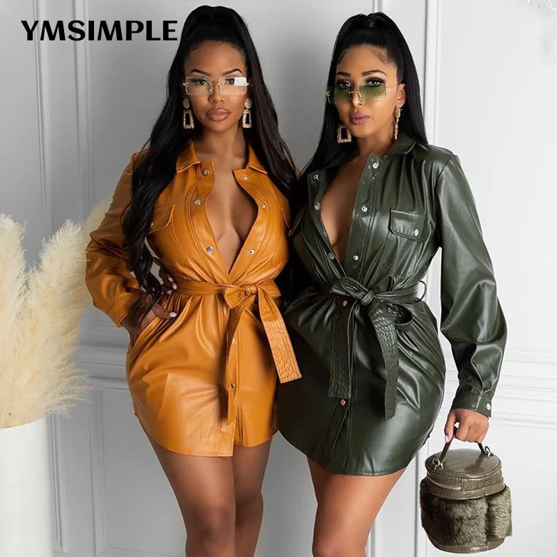 

Elegant Women Autumn Winter 2022 Long Sleeve PU Leather Tunic Mini Evening Party Dress Sexy Ladies Belt Bodycon Bandage Vestidos