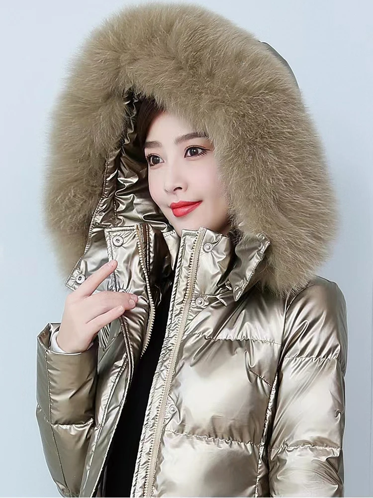 New Women Washfree Glossy Surface Down Coat Lengthened Fashion Detachable Real Fox Fur Collar Thicken Warm Slim Long Down Jacket