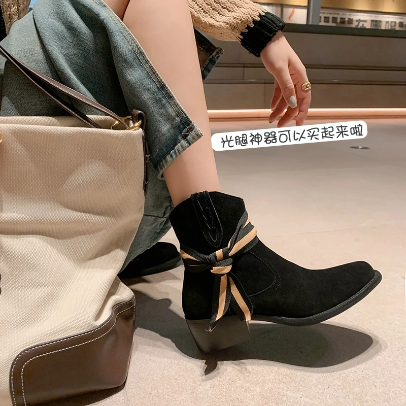 

2023 new Autumn winter Women ankle boots natural leather 22-24.5cm Cow suede+pigskin western boots lace up modern boots