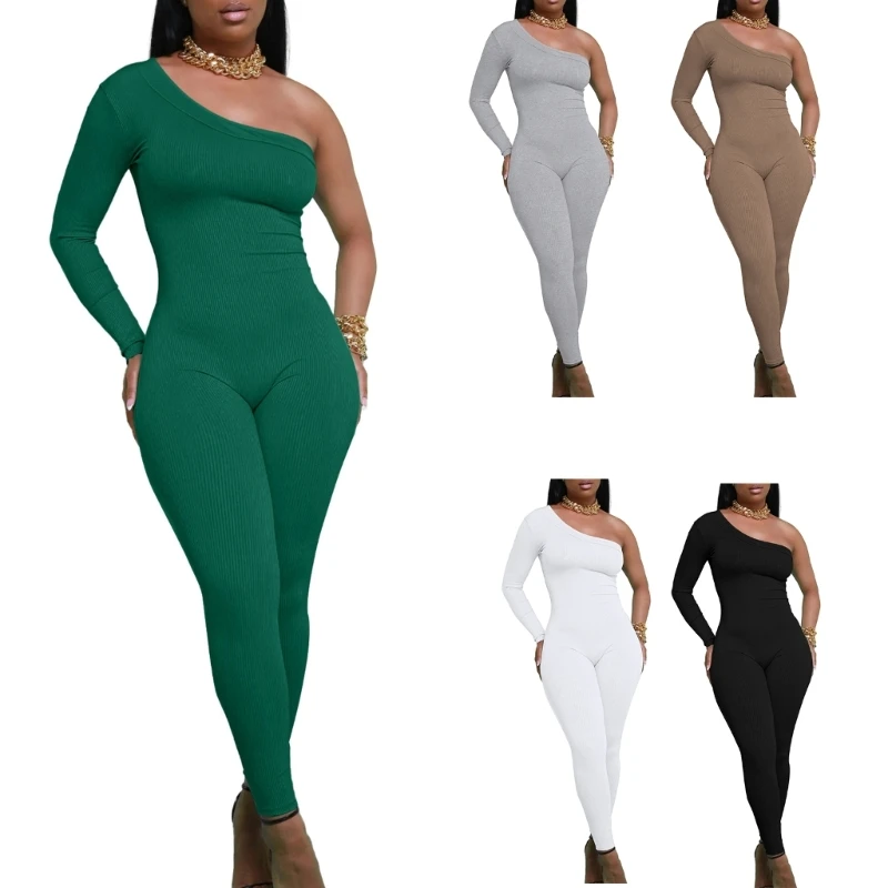 

Women One Shoulder Long Sleeve Romper High Waist Solid Color Bodycon Jumpsuits