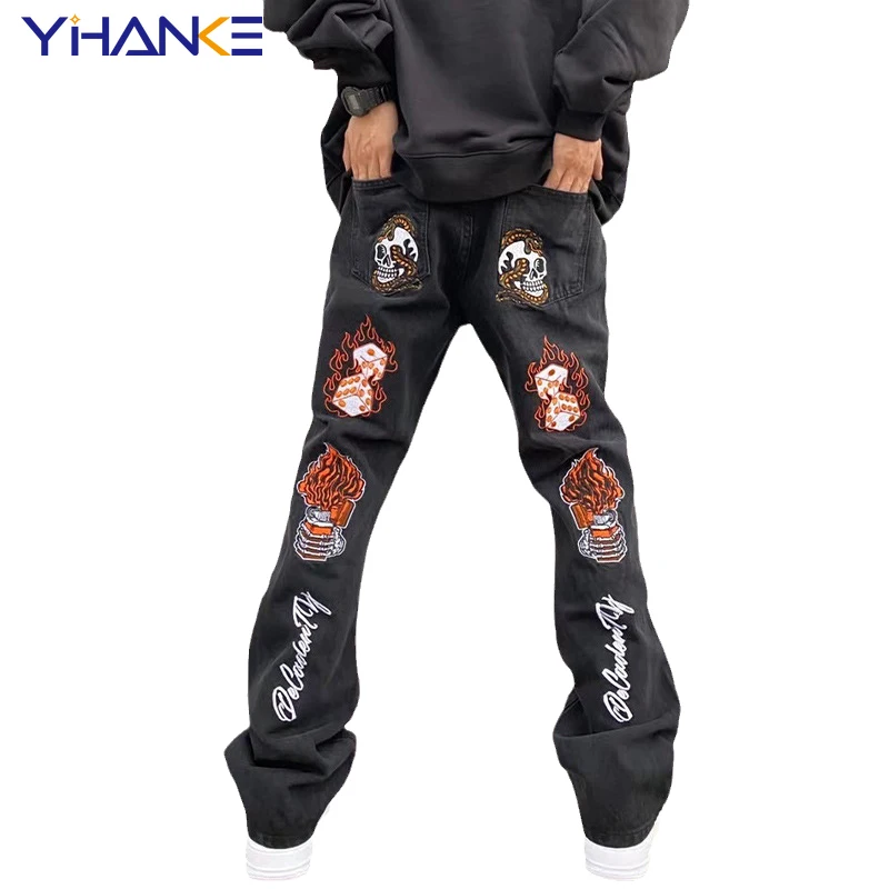 Fashionable Men's High Street Embroidery Jeans Brand Hip-hop Style Trendy Stretch Slim Fit Flared Slim Pants Street Men's джинсы