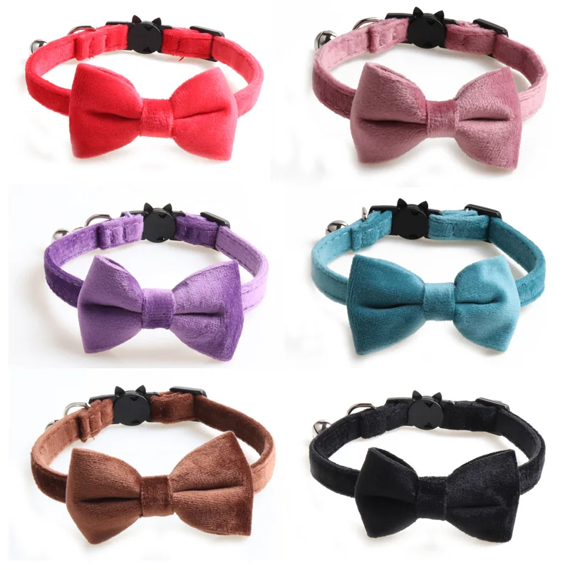 Adjustable Velvet Solid Colour Cat Collar Bowknot Puppy Kitten Collars with Bell Cats Bow Tie Safety Buckle Cat Accessories