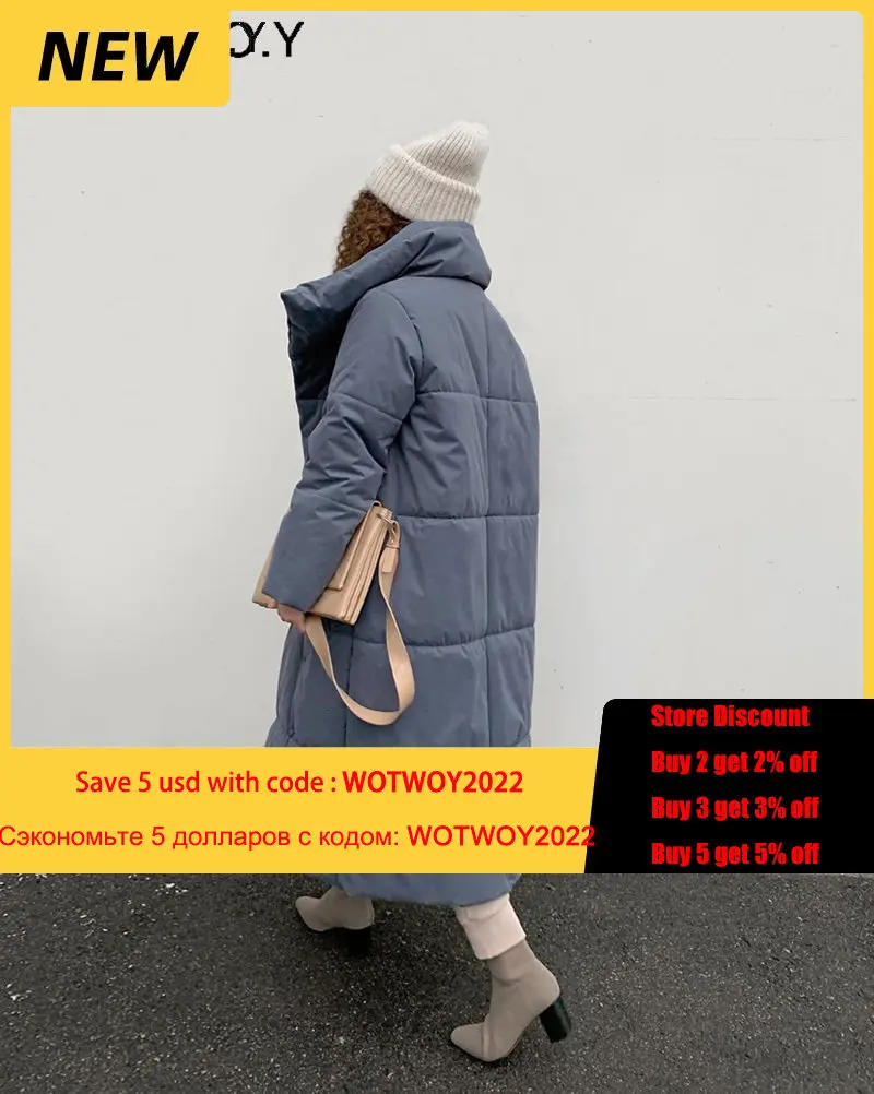 WOTWOY Winter Thickening X-Long Parkas Women Wide-Waisted Loose Cotton Padded Jackets Female Green Grey Sashes Warm Windbreaker enlarge