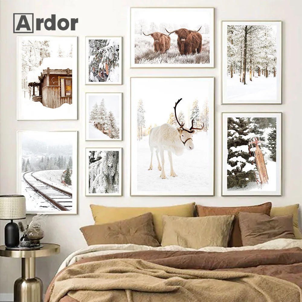 

Winter Snow Forest Pine Natural Scenery Poster Yak Deer Beige Canvas Painting Nordic Print Wall Art Pictures Living Room Decor