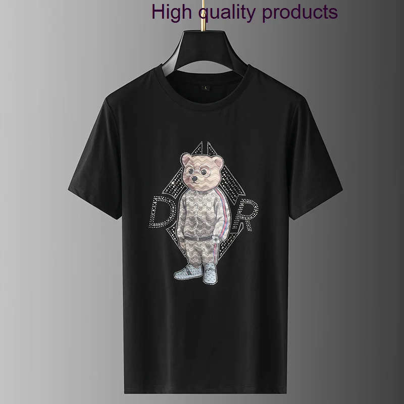 

Fashion 2023 Rhinestones T Shirts for Men Summer Clothes Streetwear Cartoon Bear Printing Slim O Neck Short Sleeve T-shirt Man
