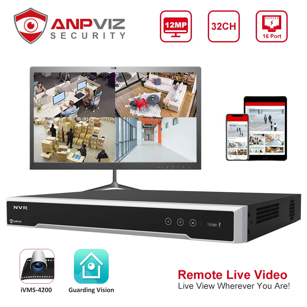 

Сетевой видеорегистратор Anpviz, 12MP AI 32CH POE NVR OEM DS-7632NXI-K2/16P, IP-камера, система видеонаблюдения, видеовыход P2P VCA до 40 ТБ