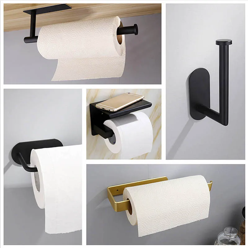 

Wall Hanging Toilet Paper Roll Holder With Mobile Phone Holder Bathroom Hook Up Self Adhesive Stainless Steel Accessories