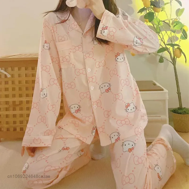 Sanrio Hello Kitty Soft Pure Cotton Cartoon Pajamas Korean Style Long Sleeve Pants Indoor Homewear Y2k Pink Casual Nigthwear