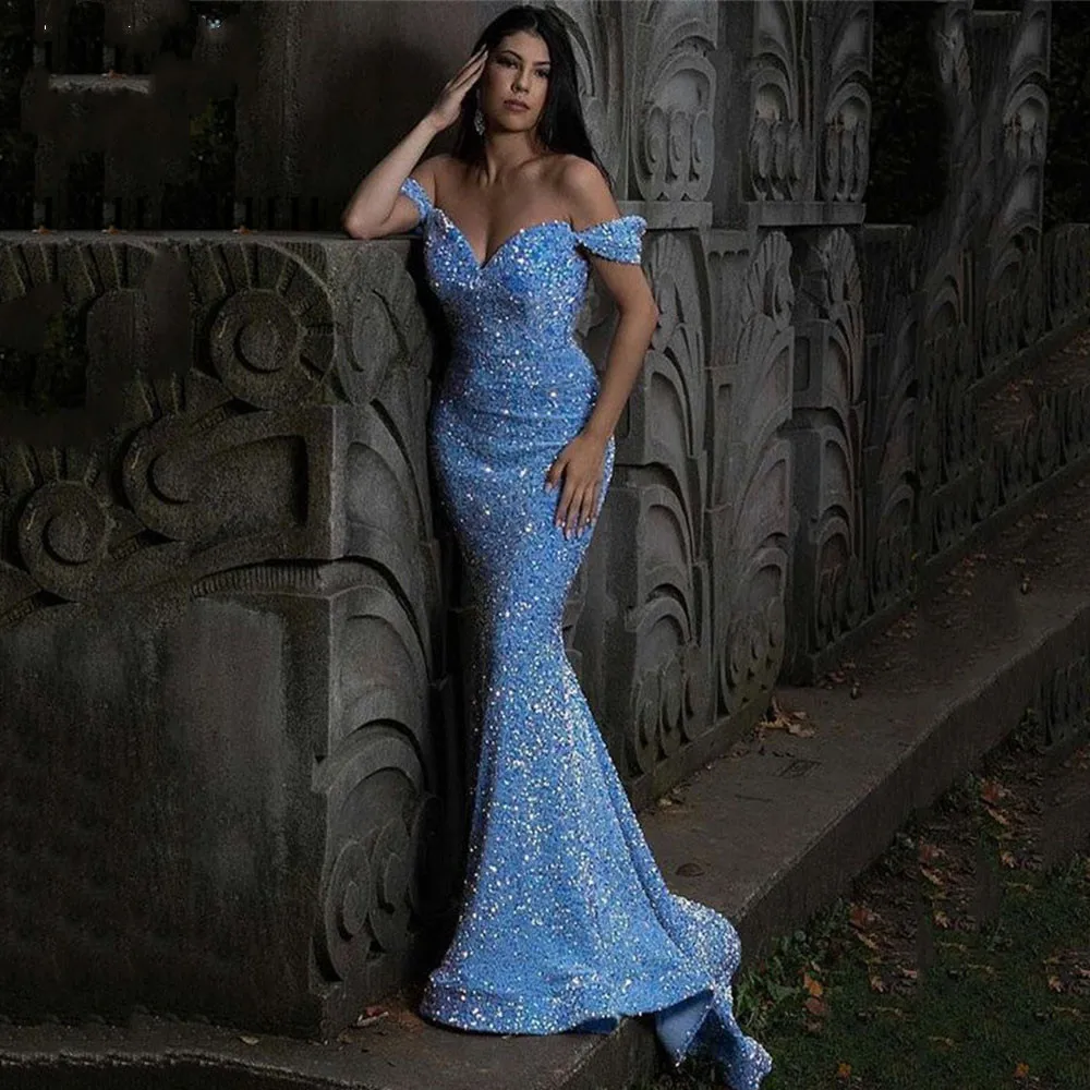 

Blue Off the Shoulder Sequins Mermaid Prom Dresses Sexy Sweetheart Formal Party Wedding 2022 Sweep Train Robe De Soiree