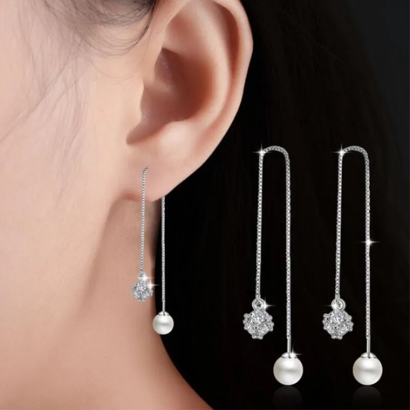 

High-end Ear Line Long Section Tassel 925 Sterling Silver Jewelry Crystal Pearl Ball Cute Hypoallergenic Dangle Earrings SE388
