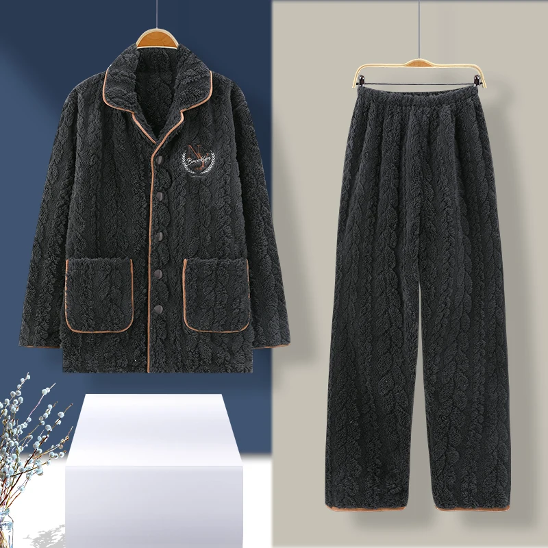 MIIOW Winter Men's Thermal Pajamas Flannel Thickened Warm Homewear Comfortable Soft Thermo Fleece Sleepwear Set for Man L-3xl